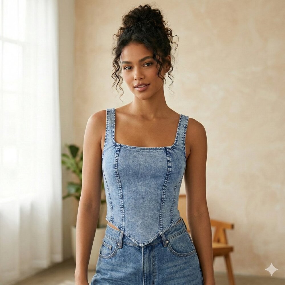 SHEIN Light Blue Denim Corset Tank - Square Neck